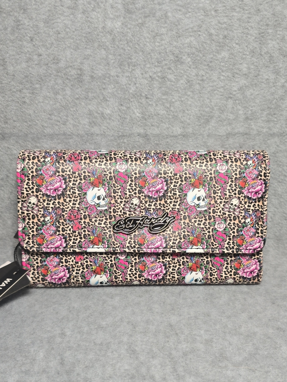 Ed Hardy Leopard Skull & Rose Vegan Leather Wallet - Pink, Tan, White